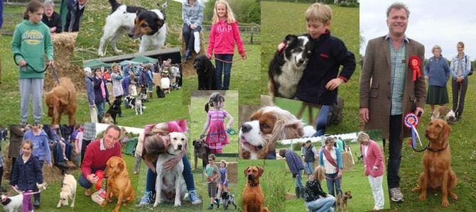 Collage of photos of children and adults with their dogs at the Cotswold Highland Games and Dog Show.
